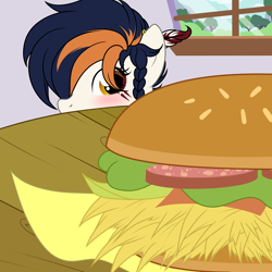 Size: 2000x2000 | Tagged: safe, artist:ynery, imported from derpibooru, oc, oc only, oc:ynery, earth pony, pony, blue mane, burger, earth pony oc, feather in hair, female, food, mare, meat, solo, white coat, yellow eyes