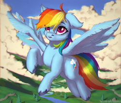 Size: 3067x2608 | Tagged: safe, artist:yaisoula, imported from derpibooru, rainbow dash, pegasus, pony, cloud, eye clipping through hair, eyebrows, eyebrows visible through hair, female, floppy ears, flying, high res, mare, one ear down, solo, spread wings, unshorn fetlocks, wings