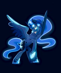 Size: 1706x2048 | Tagged: safe, artist:bestlifeb4, imported from derpibooru, princess luna, alicorn, pony, female, horn, jewelry, looking at you, mare, open mouth, profile, raised hoof, regalia, simple background, solo, spread wings, wings