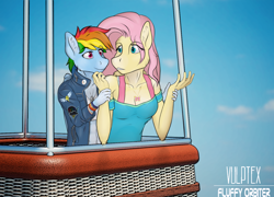 Size: 1500x1080 | Tagged: safe, artist:fluffyorbiter, imported from derpibooru, fluttershy, rainbow dash, anthro, pegasus, equestria girls, equestria girls series, rollercoaster of friendship, badge, bracelet, breasts, busty fluttershy, clothes, comforting, duo, female, ferris wheel, flutterdash, holding hands, hug, hug from behind, jacket, jewelry, leather, leather jacket, lesbian, looking at each other, looking at someone, necklace, patch, rainbow factory logo, scene interpretation, screenshot redraw, shipping, wonderbolts logo