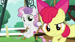 Size: 1280x720 | Tagged: safe, imported from derpibooru, screencap, apple bloom, sweetie belle, earth pony, pony, unicorn, on your marks, season 6, confused, duo, duo female, female, filly, foal, looking at you, meme origin, stare, sweetie belle's stare