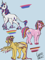 Size: 1200x1600 | Tagged: safe, artist:coyotepalace, imported from derpibooru, fluttershy, pinkie pie, rarity, earth pony, pony, unicorn, chest fluff, cloven hooves, colored wings, colored wingtips, leonine tail, lidded eyes, looking at you, pride, pride flag, raspberry, smiling, tail, tongue out, unshorn fetlocks, wings