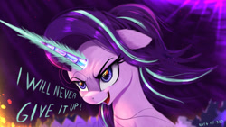 Size: 1600x900 | Tagged: safe, artist:darksly, imported from derpibooru, starlight glimmer, pony, unicorn, abstract background, atg 2022, dark background, determined, dialogue, female, glowing, glowing horn, horn, magic, mare, newbie artist training grounds, solo