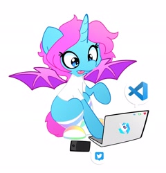 Size: 1970x2048 | Tagged: safe, artist:kindakismet, imported from derpibooru, dj pon-3, vinyl scratch, oc, oc only, alicorn, bat pony, bat pony alicorn, pony, bat wings, cellphone, clothes, commission, computer, female, heart, horn, laptop computer, looking at something, mare, meta, phone, simple background, sitting, smartphone, socks, solo, speech bubble, spread wings, tongue out, twitter, white background, wings