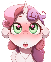 Size: 2131x2589 | Tagged: safe, alternate version, artist:alcor, imported from derpibooru, sweetie belle, pony, unicorn, blushing, female, floppy ears, heart, heart eyes, looking up, open mouth, simple background, solo, transparent background, wingding eyes