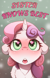 Size: 2131x3300 | Tagged: safe, artist:alcor, imported from derpibooru, sweetie belle, pony, unicorn, comic:sister knows best, blushing, cover, female, floppy ears, heart, heart eyes, looking up, open mouth, solo, wingding eyes