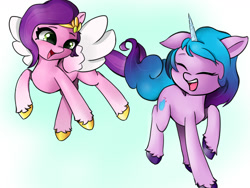 Size: 1600x1200 | Tagged: safe, artist:abracadabra, derpibooru exclusive, imported from derpibooru, izzy moonbow, pipp petals, pegasus, pony, unicorn, adorapipp, cute, duo, duo female, eyebrows, eyes closed, female, g5, gradient background, headband, horn, izzybetes, jewelry, mare, open mouth, open smile, regalia, smiling, spread wings, wings