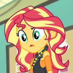 Size: 1920x1923 | Tagged: safe, imported from derpibooru, screencap, sunset shimmer, human, equestria girls, equestria girls series, forgotten friendship, clothes, cropped, cutie mark on clothes, female, geode of empathy, jewelry, leather, leather vest, magical geodes, necklace, open mouth, solo, vest