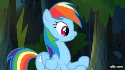 Size: 640x360 | Tagged: safe, imported from derpibooru, screencap, rainbow dash, pegasus, pony, daring don't, season 4, animated, bipedal, eyes closed, female, floppy ears, flying, gif, gifs.com, mare, open mouth, punch, self harm, solo, spread wings, tree, wings