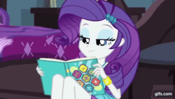 Size: 640x360 | Tagged: safe, imported from derpibooru, screencap, rarity, sci-twi, twilight sparkle, human, equestria girls, equestria girls series, the finals countdown, animated, book, bracelet, clothes, duo, duo female, eyes closed, female, gif, gifs.com, glasses, goofing off, hairpin, hoodie, jewelry, magazine, magazine cover, rarity peplum dress, smiling