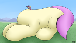 Size: 3480x1974 | Tagged: safe, artist:the-furry-railfan, imported from derpibooru, oc, oc only, oc:tuffy tonnes, pony, unicorn, disproportional anatomy, large butt, lying down, macro, small head, solo, tiny head, wat