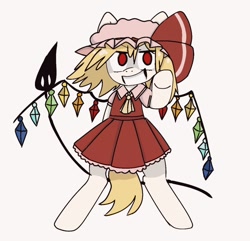 Size: 1080x1042 | Tagged: safe, artist:kusochekcat, imported from derpibooru, pony, bipedal, clothes, crossover, danmaku is magic, dress, female, flandre scarlet, grin, mare, ponified, smiling, touhou