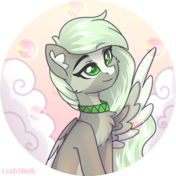 Size: 2000x2000 | Tagged: safe, artist:fluffywhirlpool, imported from derpibooru, oc, oc only, oc:jade stonesetter, pegasus, pony, bust, chest fluff, cute, female, green eyes, looking up, mare, pegasus oc, sitting, smiling, soap bubble, solo, wings