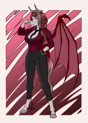 Size: 1619x2266 | Tagged: safe, artist:blackblood-queen, imported from derpibooru, oc, oc only, oc:scarlet quill, anthro, bat pony, unguligrade anthro, anthro oc, bat pony oc, big breasts, braided ponytail, breasts, clothes, commission, fangs, female, freckles, glasses, mare, mother, necktie, pants, red eyes, shirt, slit pupils, smiling