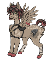 Size: 734x784 | Tagged: safe, artist:coyotepalace, imported from derpibooru, oc, oc only, oc:desert rose, pegasus, pony, braid, chest fluff, cloven hooves, goggles, harness, leg wraps, looking at you, simple background, smiling, solo, spread wings, tack, white background, wings