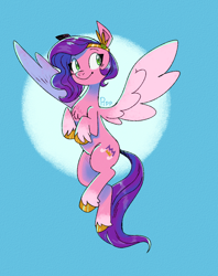 Size: 1000x1264 | Tagged: safe, artist:themagicbrew, imported from derpibooru, pipp petals, pegasus, pony, blue background, female, floating, flying, g5, looking at you, mare, simple background, smiling, smiling at you, solo