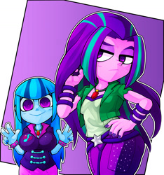 Size: 1653x1763 | Tagged: safe, artist:kyouman1010, imported from derpibooru, aria blaze, sonata dusk, human, equestria girls, :<, :>, alternate hairstyle, big breasts, breasts, busty sonata dusk, clothes, cute, duo, duo female, female, frown, gem, hand on hip, jewelry, looking at you, necklace, peace sign, simple background, siren gem, smiling, smiling at you, sonatabetes, spiked wristband, white background, wristband