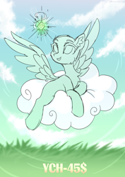 Size: 2500x3534 | Tagged: safe, artist:fluffywhirlpool, imported from derpibooru, oc, pony, advertisement, any race, cloud, commission, grass, grass field, looking up, lying down, lying on a cloud, magic, magic aura, on a cloud, open mouth, open smile, sky, sky background, smiling, solo, your character here