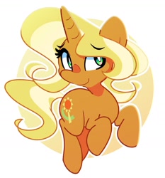 Size: 1608x1728 | Tagged: safe, artist:kindakismet, imported from derpibooru, sunflower spectacle, pony, unicorn, circle background, female, horn, looking at you, mare, simple background, solo, white background