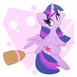 Size: 2504x2519 | Tagged: safe, artist:kindakismet, imported from derpibooru, twilight sparkle, alicorn, pony, broom, female, flying, flying broomstick, horn, looking at you, mare, simple background, sitting, solo, sparkly mane, twilight sparkle (alicorn), white background, wings