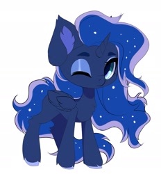 Size: 1789x1927 | Tagged: safe, artist:xsatanielx, imported from derpibooru, princess luna, alicorn, pony, chest fluff, chibi, ear fluff, ethereal mane, ethereal tail, female, hooves, leg fluff, one eye closed, simple background, slim, solo, starry mane, starry tail, tail, unshorn fetlocks, white background