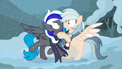 Size: 2500x1406 | Tagged: safe, artist:fluffywhirlpool, imported from derpibooru, oc, oc only, oc:flaming dune, pegasus, pony, accidental kiss, base used, clothes, female, kissing, mare, multicolored mane, oc x oc, pegasus oc, scarf, shipping, snow, snowfall, spread wings, striped scarf, surprise kiss, wings