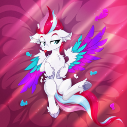 Size: 2500x2500 | Tagged: safe, artist:rurihal, imported from derpibooru, zipp storm, pegasus, pony, bed, chest fluff, colored wings, ear fluff, feather, female, fluffy, g5, grooming, leg focus, mare, preening, solo, tongue out, wings
