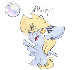 Size: 1348x1322 | Tagged: safe, artist:lbrcloud, imported from derpibooru, derpy hooves, pegasus, pony, bubble, cute, derpabetes, simple background, solo, upsies, white background