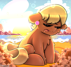 Size: 1130x1062 | Tagged: safe, artist:llametsul, imported from derpibooru, ms. harshwhinny, earth pony, pony, atg 2022, chest fluff, colored, cute, drool, exhausted, eyes closed, floppy ears, ms. cutewhinny, newbie artist training grounds, solo, sun, sweat, tired
