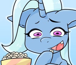 Size: 370x320 | Tagged: safe, artist:batipin, imported from derpibooru, trixie, pony, unicorn, blue background, eating, food, herbivore, hoof hold, open mouth, popcorn, raised hoof, simple background, solo