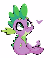 Size: 1367x1600 | Tagged: safe, artist:kindakismet, imported from derpibooru, spike, dragon, cute, cute little fangs, fangs, floating heart, heart, male, simple background, sitting, smiling, solo, spikabetes, white background