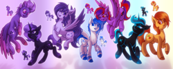 Size: 5000x2000 | Tagged: safe, artist:shad0w-galaxy, imported from derpibooru, oc, oc only, oc:cherry sunrise, oc:chromatic glitch, oc:dusk melody, oc:glacier freeze, oc:lavender breeze, oc:nova star, oc:shadow galaxy, earth pony, pegasus, pony, unicorn, pony town, chest fluff, female, group, high res, hooves, mare, open mouth, simple background, smiling