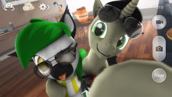 Size: 2920x1642 | Tagged: safe, artist:mister-karter, imported from derpibooru, oc, oc:dagger strike, oc:morozov, oc:nightmare crystal, bat pony, pegasus, unicorn, 3d, cookie, food, jar, selfie