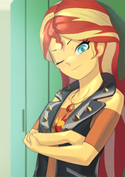 Size: 2894x4093 | Tagged: safe, artist:ばそば, imported from derpibooru, sunset shimmer, human, equestria girls, equestria girls series, clothes, crossed arms, female, geode of empathy, jewelry, looking at you, magical geodes, necklace, one eye closed, smiling, smiling at you, solo, wink, winking at you