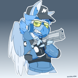 Size: 5000x5000 | Tagged: safe, artist:xasslash, imported from derpibooru, oc, oc:flynn the icecold, griffon, armor, clothes, gun, handgun, hat, male, mask, pistol, respirator, simple background, spray can, sunglasses, talon merc, weapon