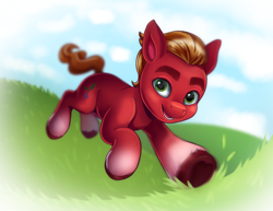 Size: 2596x2000 | Tagged: safe, artist:malarkey, imported from derpibooru, sprout cloverleaf, earth pony, pony, cute, eye reflection, field, g5, looking at you, male, open mouth, open smile, reflection, running, smiling, smiling at you, solo, sproutbetes, stallion