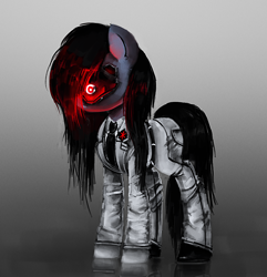 Size: 1002x1041 | Tagged: safe, artist:menalia, imported from derpibooru, oc, oc only, oc:vision backup, cyborg, cyborg pony, earth pony, pony, badge, belt, clothes, cyberpunk, gloves, gray background, long mane, male, necktie, pants, reflection, shoes, simple background, stallion, suit
