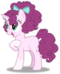 Size: 1444x1774 | Tagged: safe, artist:spectrumnightyt, imported from derpibooru, oc, oc only, oc:charlotte aux fraises, pony, unicorn, base used, bow, coat markings, female, freckles, full body, hair bow, hooves, horn, magical lesbian spawn, mare, offspring, open mouth, open smile, parent:pinkie pie, parent:sugar belle, parents:sugarpie, shadow, show accurate, simple background, smiling, socks (coat markings), solo, standing, transparent background, unicorn oc