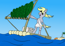 Size: 1200x849 | Tagged: safe, artist:darkdabula, imported from derpibooru, derpy hooves, pony, atg 2022, bipedal, newbie artist training grounds, raft, solo