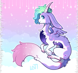 Size: 799x740 | Tagged: safe, artist:lastnight-light, imported from derpibooru, oc, oc only, oc:ouroboros, draconequus, cloud, female, folded wings, long ears, long tail, solo, stars, tail, turquoise eyes, two toned mane, wings