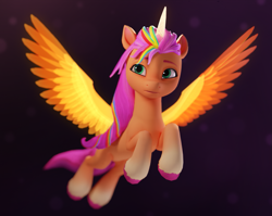 Size: 1355x1080 | Tagged: safe, artist:luminousdazzle, imported from derpibooru, sunny starscout, alicorn, pony, 3d, 3d model, blender, blender cycles, female, flying, g5, glowing, glowing horn, glowing wings, gradient hooves, horn, mare, multicolored hair, my little pony: a new generation, race swap, rainbow hair, render, simple background, solo, sunnycorn, unshorn fetlocks, wings