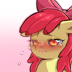 Size: 1159x1159 | Tagged: safe, artist:cold-blooded-twilight, imported from derpibooru, apple bloom, earth pony, pony, blushing, crying, female, filly, foal, gradient background, simple background, solo, transparent background