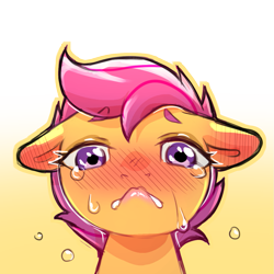 Size: 1159x1159 | Tagged: safe, artist:cold-blooded-twilight, imported from derpibooru, scootaloo, pegasus, pony, blushing, crying, gradient background, simple background, solo, transparent background