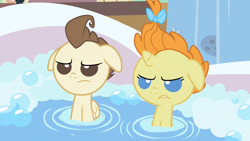 Size: 1280x720 | Tagged: safe, imported from derpibooru, screencap, pound cake, pumpkin cake, pegasus, pony, unicorn, baby cakes, season 2, angry, bathtub, cute, duo, foal, frown, madorable, pound cake is not amused, pumpkin cake is not amused, reaction image, unamused
