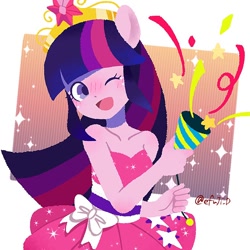 Size: 766x766 | Tagged: safe, artist:efuji_d, imported from derpibooru, twilight sparkle, human, equestria girls, bare shoulders, big crown thingy, clothes, confetti, element of magic, fall formal outfits, female, jewelry, one eye closed, open mouth, open smile, regalia, simple background, sleeveless, smiling, solo, stars, strapless, white background