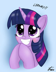 Size: 1280x1630 | Tagged: safe, artist:lennondash, imported from derpibooru, twilight sparkle, pony, blushing, book, bust, cute, excited, exclamation point, female, grin, hooves together, looking up, mare, question mark, simple background, smiling, solo, text, that pony sure does love books, twiabetes, wingding eyes