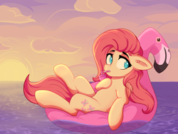 Size: 3600x2700 | Tagged: safe, artist:stravy_vox, imported from derpibooru, fluttershy, pegasus, pony, cloud, drinking, drinking straw, ear fluff, female, hoof hold, inflatable, inflatable toy, inner tube, looking at you, mare, ocean, pool toy, solo, straw, sunset, water