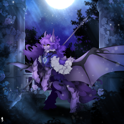 Size: 3180x3194 | Tagged: safe, artist:taiga-blackfield, imported from derpibooru, oc, oc:amelia valkyria, bat pony, pony, armor, bat pony oc, cloak, clothes, female, guardsmare, halberd, mare, moon, night guard, royal guard, solo, spread wings, weapon, wings