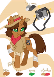 Size: 2894x4093 | Tagged: safe, artist:darina159, imported from derpibooru, oc, oc only, oc:keen eye, pony, unicorn, bandage, bandana, clothes, fedora, female, hat, mare, raised hoof, reference sheet, reporter, solo, trenchcoat