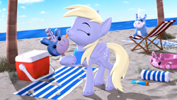 Size: 3840x2160 | Tagged: safe, artist:owlpirate, imported from derpibooru, derpy hooves, pegasus, pony, 3d, 4k, balloonicorn, beach, beach chair, beach towel, chair, cooler, cute, derpabetes, female, food, high res, hoof hold, ice cream, licking, mare, neckerchief, solo, source filmmaker, tongue out